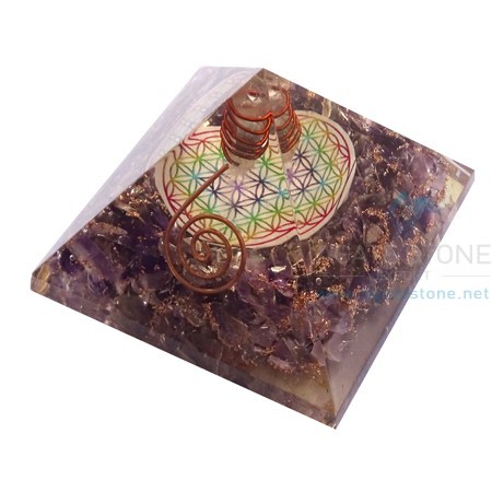 Amethyst Flower of Life Chakra Pyramid with Clear Crystal Point Amethyst Flower of Life Chakra Pyramid with Clear Crystal Point